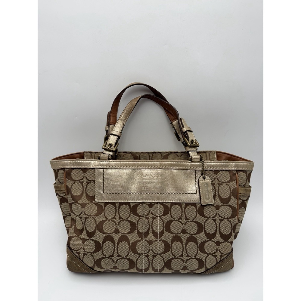 COACH VINTAGE Signature Jacquard Brown/Gold Shoulder Bag Tote 8K49 AUTHENTIC